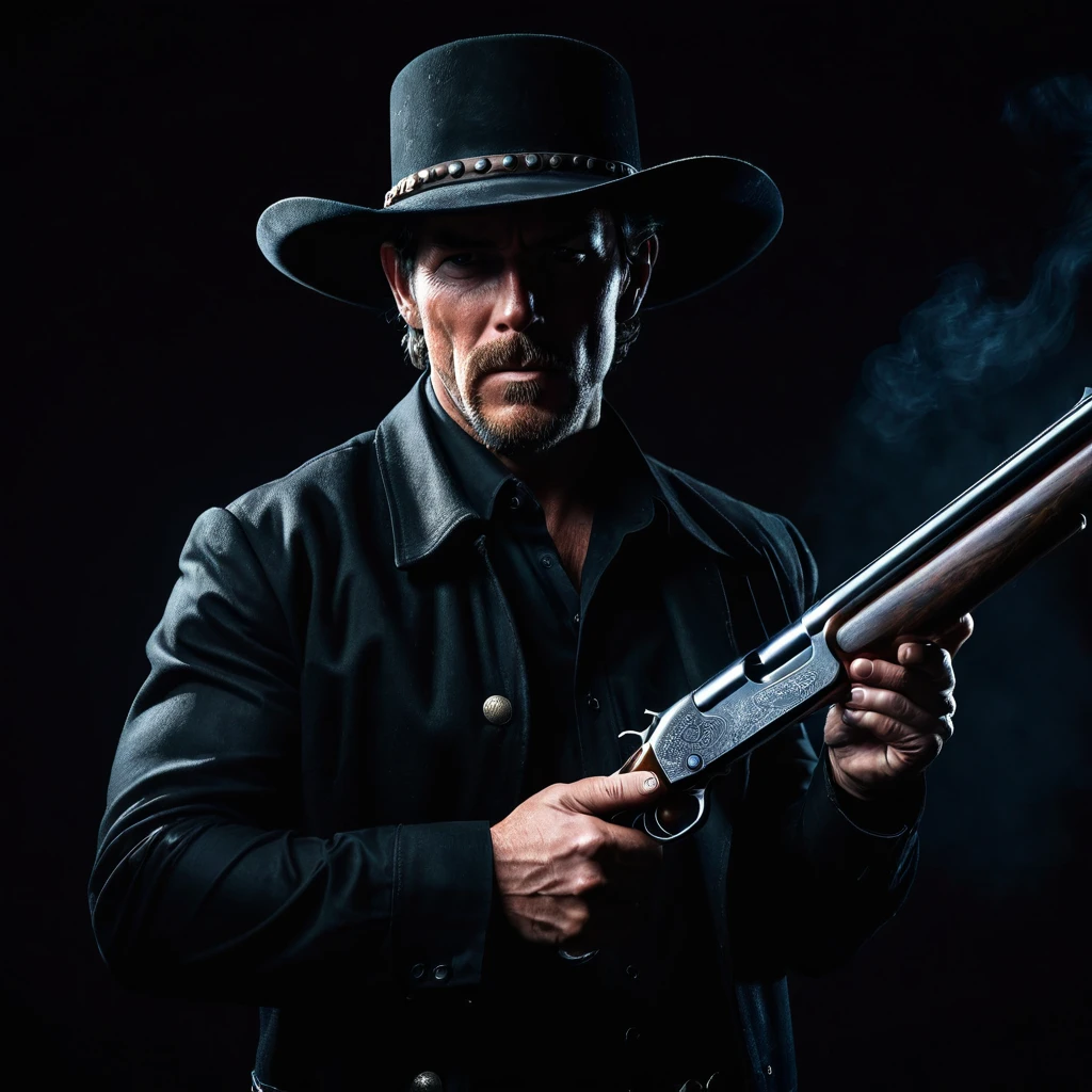 A badass cowboy in dark clothing, reloading a double barrel shotgun, dark shadowy background, cinematic lighting