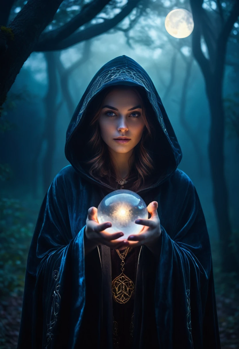 astrologer, 1girl,  hooded cloak, occult symbols, mysterious aura, crescent moon, glowing crystal ball, ethereal lighting, fantasy landscape, mist, deep jewel-toned colors, cinematic lighting, dramatic shadows,  dramatic, mystical, intricate details
