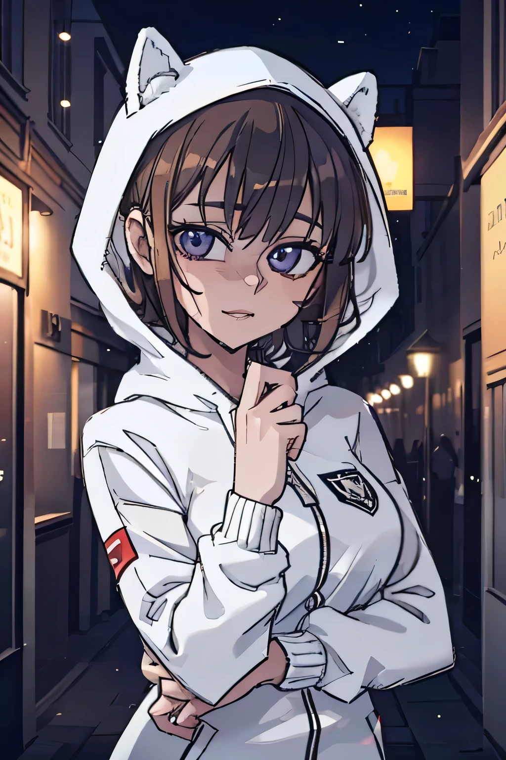 A cute girl in a hoodie, middle short brown hair, smiling, street fashion, , (best quality,4k,8k,highres,masterpiece:1.2),ultra-detailed,(realistic,photorealistic,photo-realistic:1.37),detailed eyes,detailed lips,extremely detailed face,longeyelashes,intricate details,warm lighting,soft focus,vibrant colors,cute,adorable,elegant