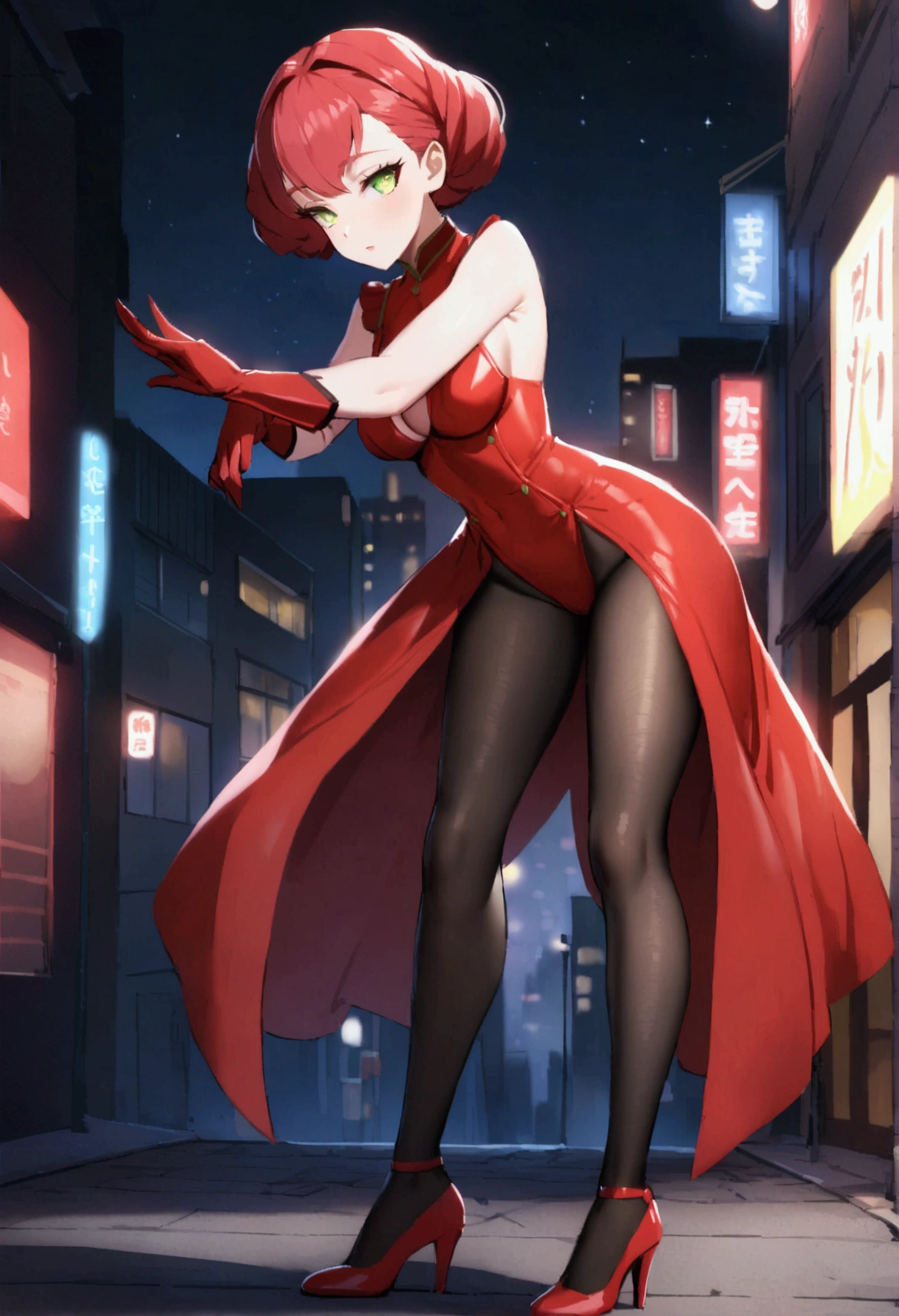 beautiful redhead with red may, long black tights,with red high heels, sexy look,beautifuleyes, standing looking forward,olhar serio pose sexy,city at night with neom