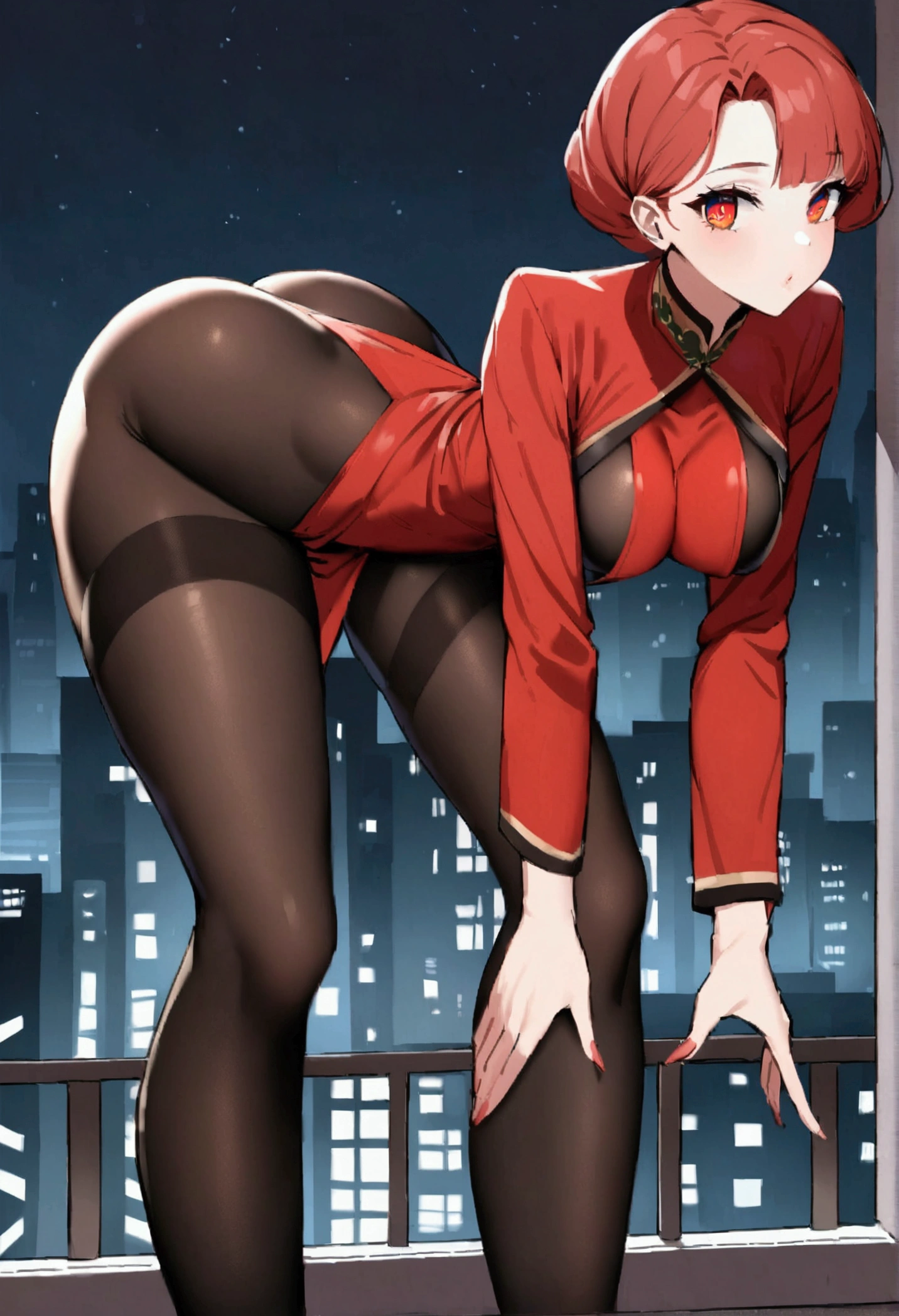 beautiful redhead with red may, long black tights,with red high heels, sexy look,beautifuleyes, standing looking forward,olhar serio pose sexy,city at night with neom