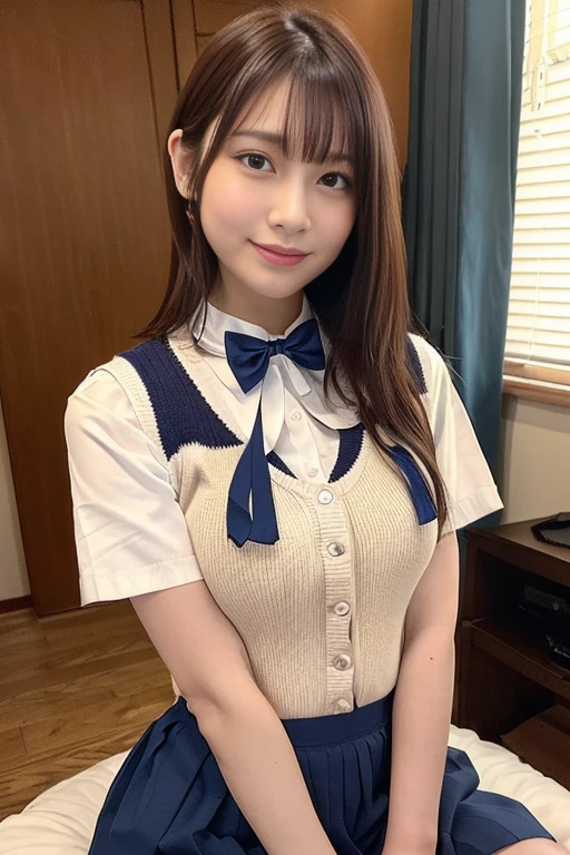 (masterpiece:1.2, highest quality), (realistic, photorealistic:1.4), beautiful illustrations, (natural side lighting, movie lighting), Depth of written boundary, 
looking at the viewer, Front view, 1 girl, English, high school girl, 20 years old, perfect face, Cute symmetrical face, shiny skin, open legs,
(bob hair,blonde), asymmetrical bangs, Big eyes, droopy eyes, long eyelashes chest), thin, 
beautiful hair, beautiful face, fine and beautiful eyes, beautiful clavicle, beautiful body, beautiful breasts, beautiful thighs, beautiful feet, beautiful fingers, 
((fine fabric texture, brown knit vest, short sleeve white collar shirt, navy pleated skirt, Navy bow tie)), 
(beautiful scenery), (smile, Upper grade, open your mouth),  (skirt lift, panties, genitals visible:1.15)