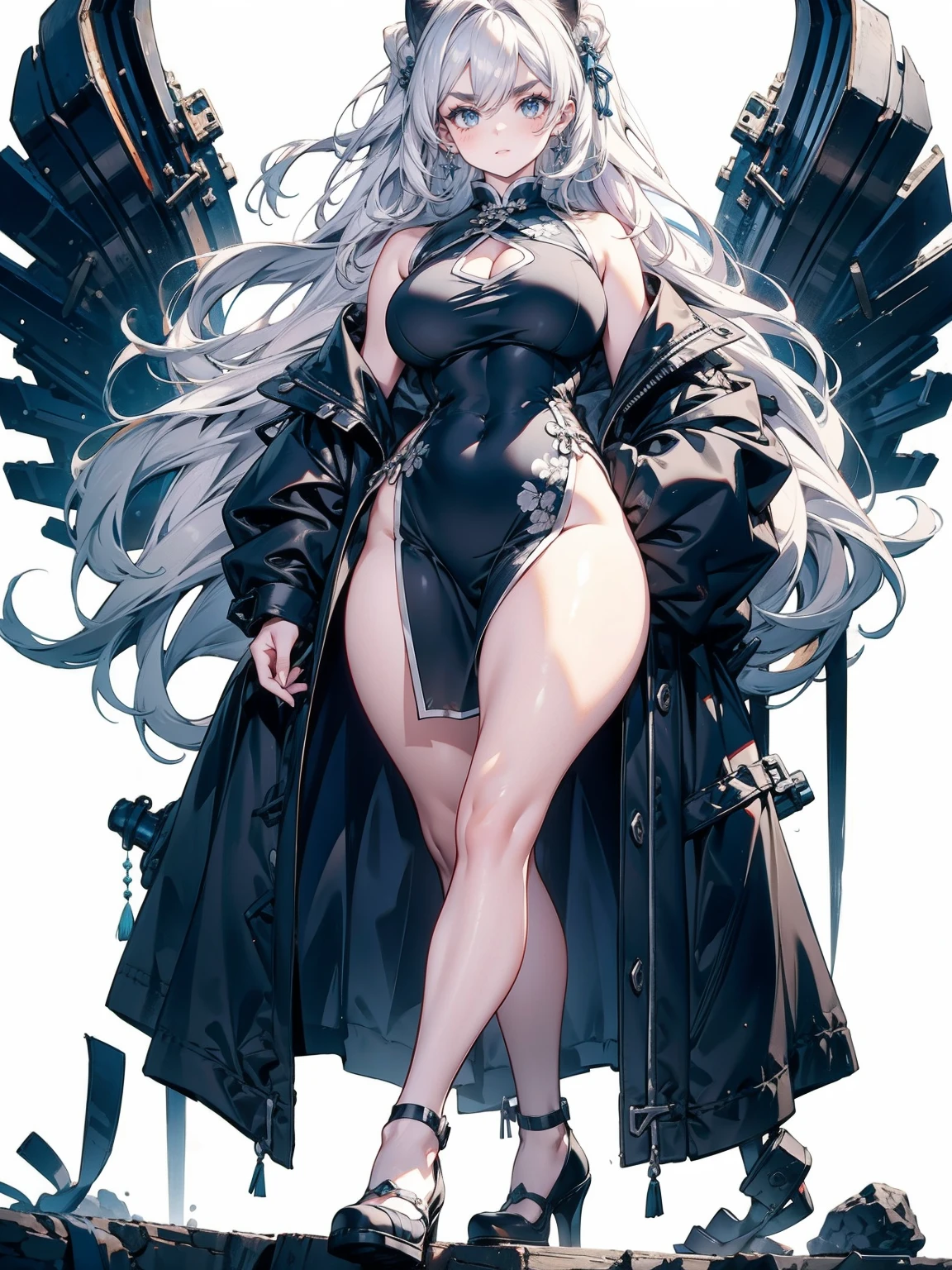 Focus on shoes, (White Hair Girl), (Thick, dark blue eyebrows:1.4), (Dark blue eyebrows:1.7), (Thick eyebrows:1.3), (Huge black fluffy animal ears:1.1), (Black animal ears:1.1), BREAK, (((China dress))),BREAK, (Big Breasts:1.2, Thick legs, Adult female body, Sturdy body:1.2), (sharp eyes, Ultra-high definition CG, Precisely designed costumes, 4K, 8k, Ultra-high definition CG, Precisely designed costumes, Clear lines, Expressive and Captivating Eyes, Fine Details and Realistic Textures, cinematic lighting), ((white background)), BREAK, (過剰なRuggedThick soleブーツを履いています:1.2), (Thick sole:1.5), (Big shoes:1.3), BREAK,