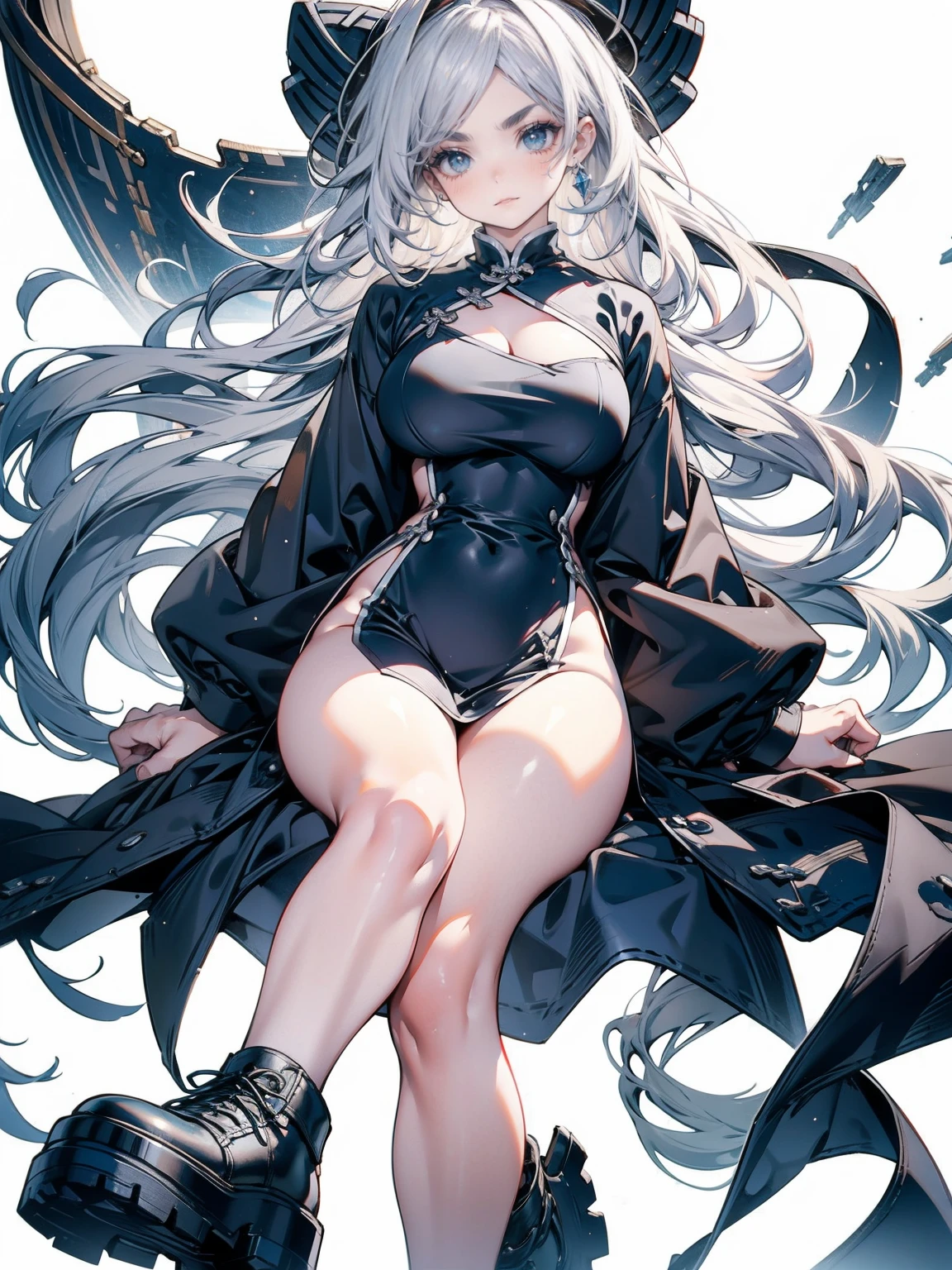  Focus on shoes, (White Hair Girl), (Thick, dark blue eyebrows:1.4), (Dark blue eyebrows:1.7), (Thick eyebrows:1.3), (Huge black fluffy animal ears:1.1), (Black animal ears:1.1), BREAK, (((China dress))),BREAK, (Big Breasts:1.2, Thick legs, Adult female body, Sturdy body:1.2),  (sharp eyes, Ultra-high definition CG, Precisely designed costumes, 4K, 8k, Ultra-high definition CG, Precisely designed costumes, Clear lines, Expressive and Captivating Eyes, Fine Details and Realistic Textures, cinematic lighting), ((white background)), BREAK,  (過剰なRuggedThick soleブーツを履いています:1.2), (Thick sole:1.5), (Big shoes:1.3), BREAK,
