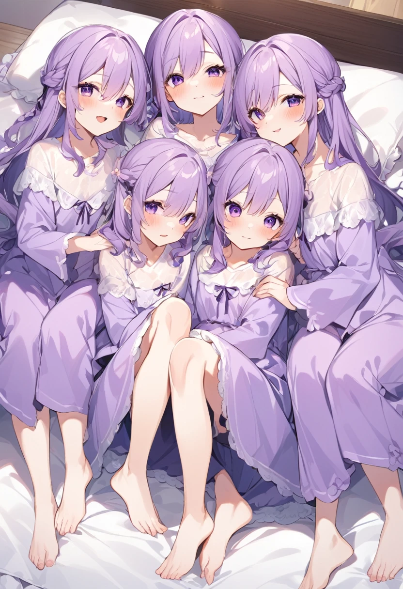 Keito。Purple pajamas Purple eyes。barefoot。six sisters。They both have lavender hair。all female。Sextuplets。Purple bed