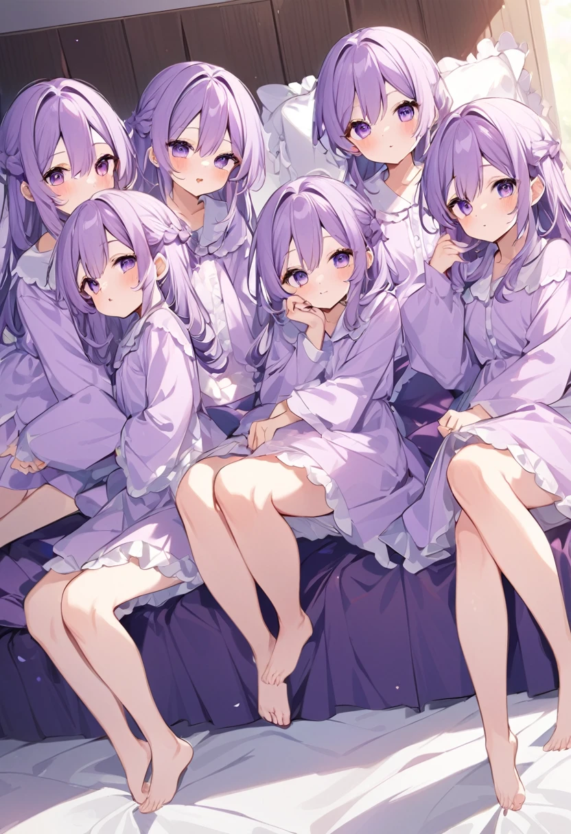 Keito。Purple pajamas Purple eyes。barefoot。six sisters。They both have lavender hair。all female。Sextuplets。Purple bed