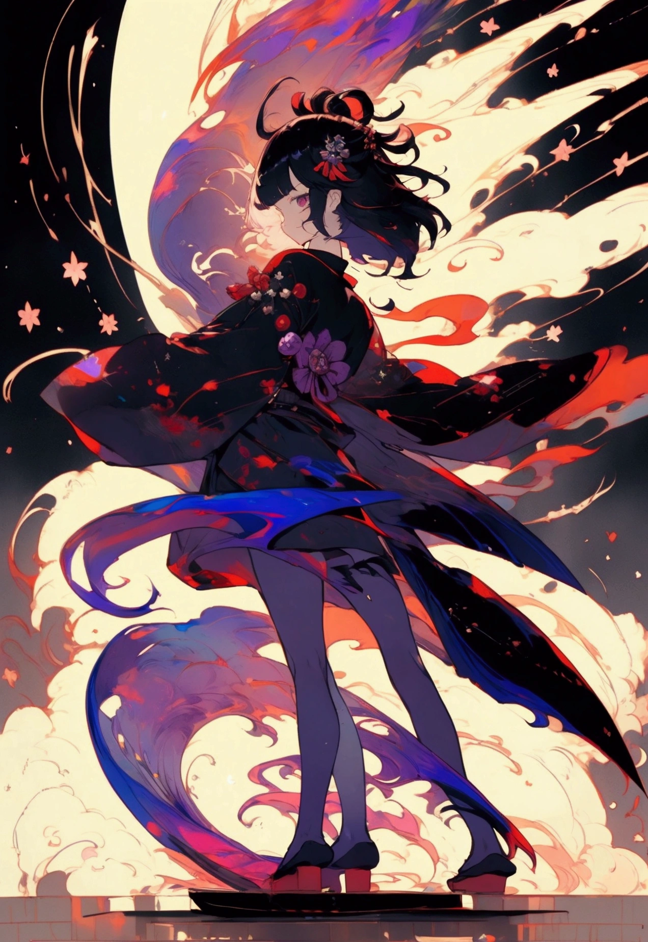 masterpiece, best quality, high quality, a girl, samurai, nue, grumpy, looking back, semi long, blunt bangs, with a nebula, with a moon, at midnight, full body shot, darkness, dramatic lighting, RebeccaPurple