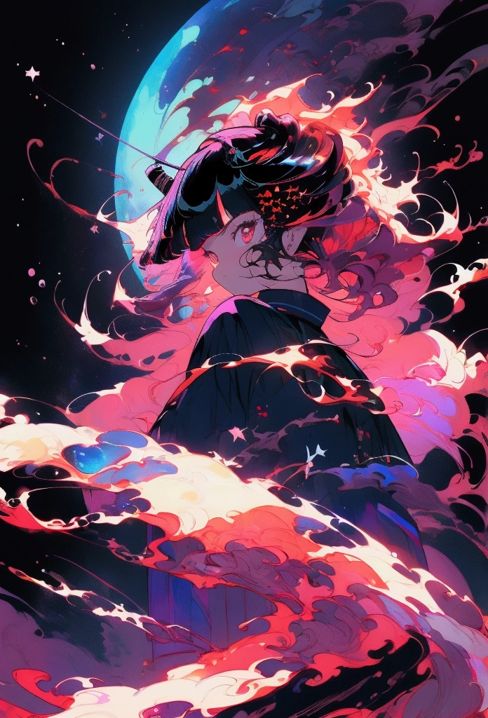 masterpiece, best quality, high quality, a girl, samurai, nue, grumpy, looking back, semi long, blunt bangs, with a nebula, with a moon, at midnight, full body shot, darkness, dramatic lighting, RebeccaPurple