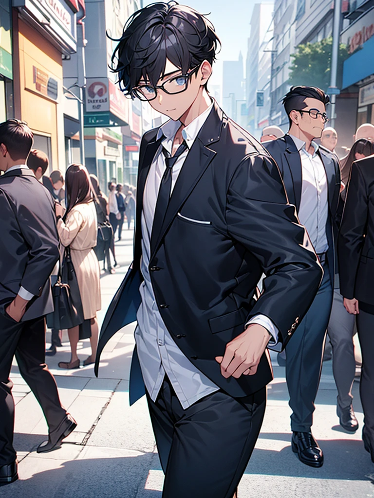 A geeky young man with black hair, wearing a white shirt and a dark blue jacket, walking through a busy area, wearing glasses