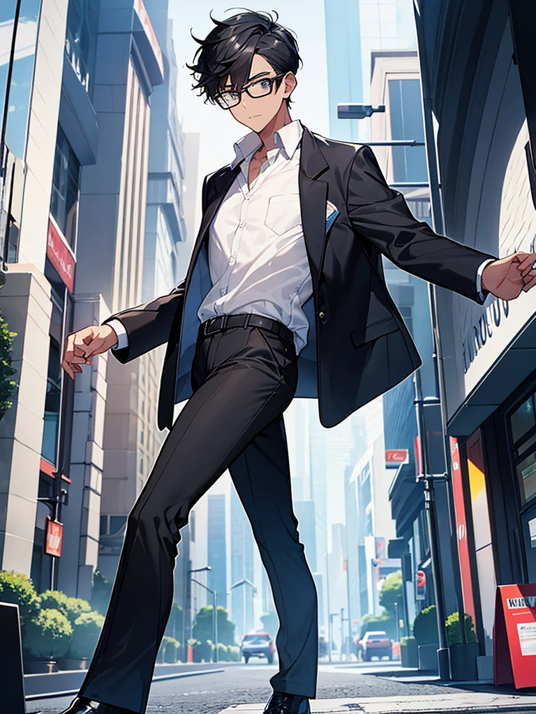 A geeky young man with black hair, wearing a white shirt and a dark blue jacket, walking through a busy area, wearing glasses