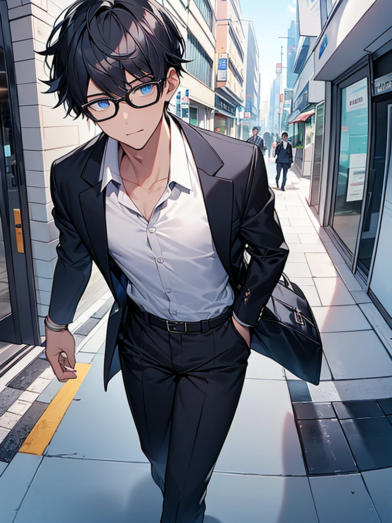 A geeky young man with black hair, wearing a white shirt and a dark blue jacket, walking through a busy area, wearing glasses