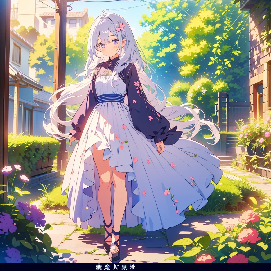kawaii, anime, Cute, hyper quality, highly detailed, 16k, Clarity, full body, one twenty year old woman, Shining long silver hair, lapis lazuli eyes, verbena flower, verbena flower field, purple verbena flowers, pink verbena flowers, Walk along the flower brick path, walk, He has a black cat at his feet., clear sky, particles of light, shrubbery barbera flowers, Draw facial expressions in detail, wink,