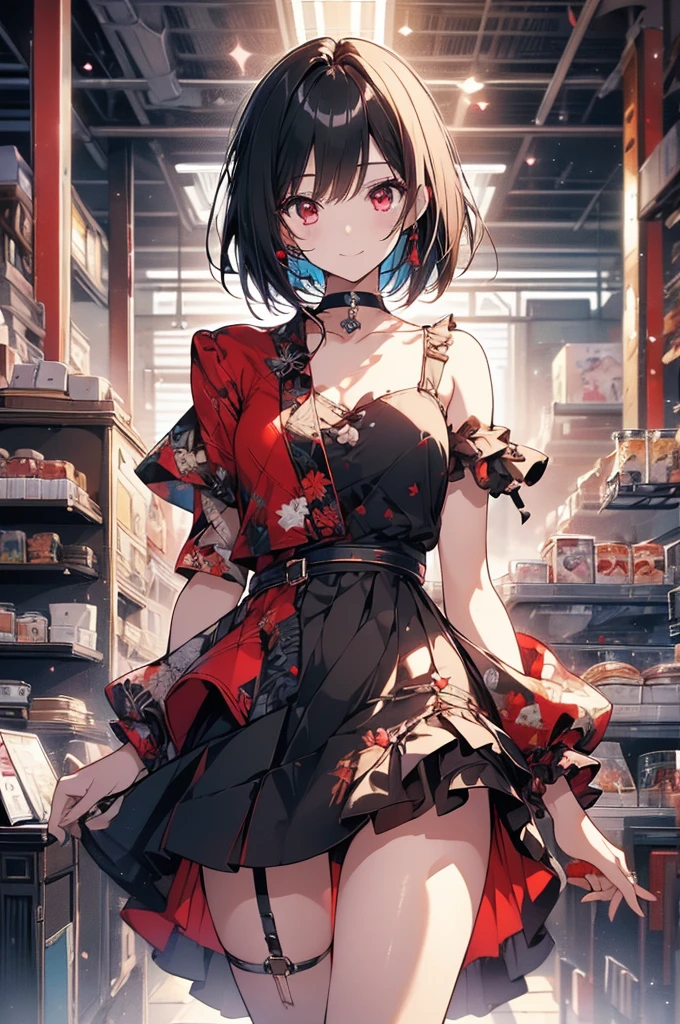 (masterpiece, highest quality, highest quality, (No text), Beautiful and aesthetic:1.2),No text,アニメ、BREAK,One Girl，Black Hair Girl　short hair　older sister　choker　Beautiful eyes　Red eyes　cool　smile　Red and Black　one piece　mini skirt　whole body　In town