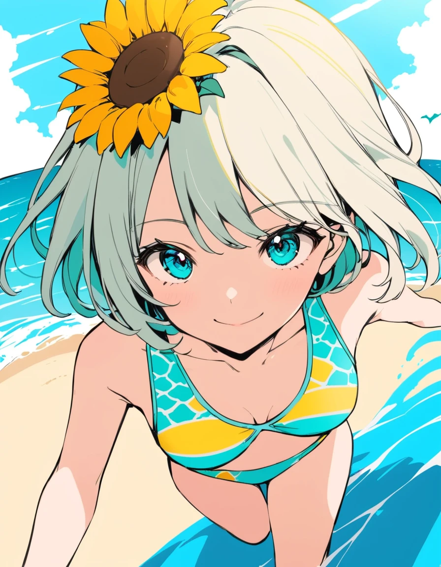 from {above|below|side|behind}, (close up face:0.7), ultra detailed beautiful moe anime, Under the summer sun, there is a girl on the beach. She is wearing a bright swimsuit with a sunflower pattern. The swimsuit shines under the sun, radiating a bright atmosphere around her. She starts running towards the sea, playing with the waves with a smile. It’s as if a single sunflower is blooming on the seashore, pop color, flat color