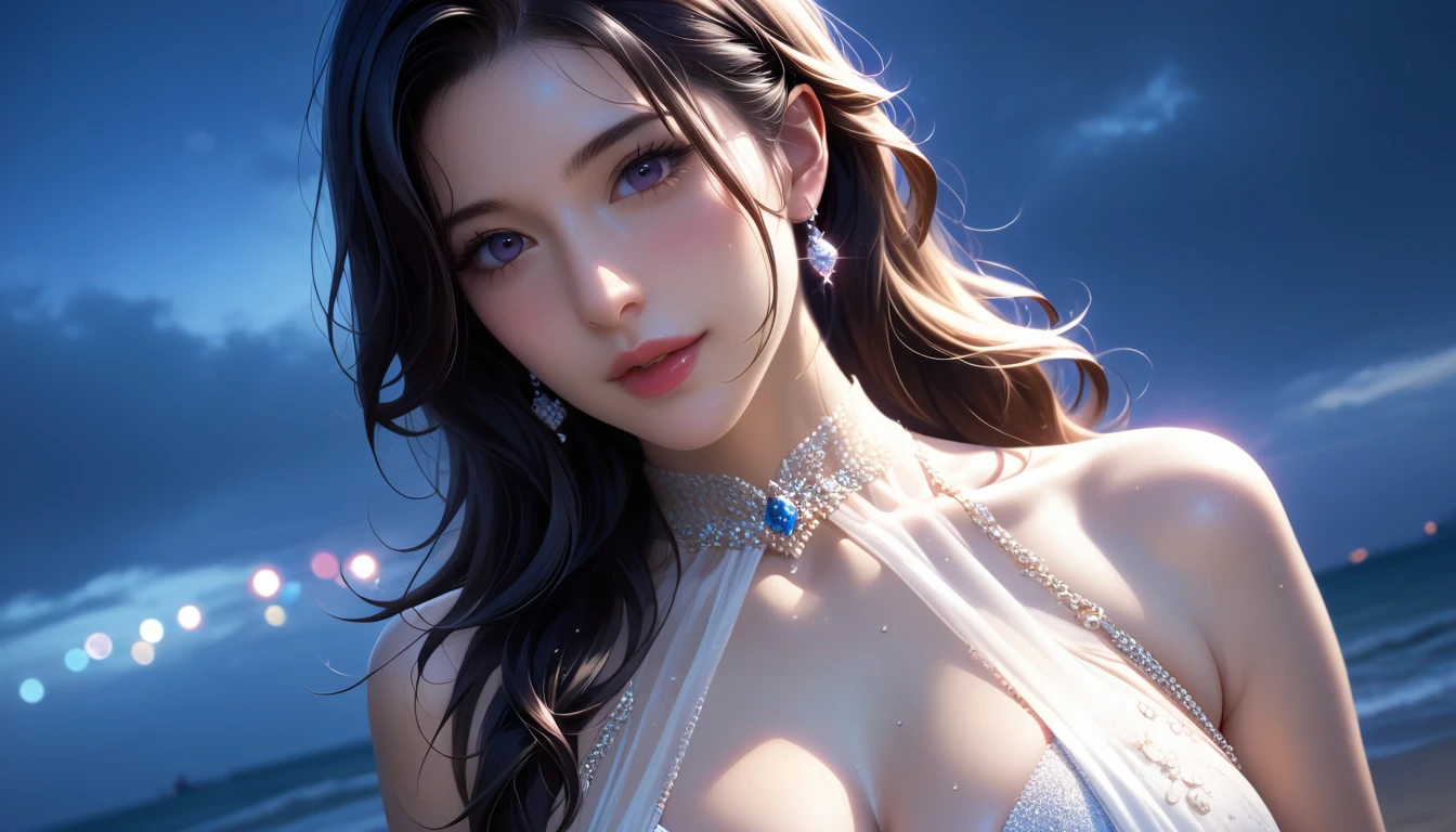 score_9, score_8_Excellent, score_7_Excellent,
Masterpieces with up to 16K resolution,Highest quality,it is really amazing,Very detailed,Ultra-high resolution,Real,Realistic,Increased depth of field,((Cinematic Light Effects:1.5)),
Elegant mature woman,
Long black hair,((Ultra-detailed and beautiful faces:1.5)),Translucent white skin,Very detailedな肌の質感,Great proportions,Anatomically correct body,
Elegant high leg swimsuit,Artistic design,Beautiful and detailed pattern,Luxurious jewellery decoration,Detailed fabric texture,
(Coastal scenery at night:1.5),Dark clouds and dark sky,delay々Continuing sandy beach, Deserted Beach,Dark sea surface,
Dramatic Angle,