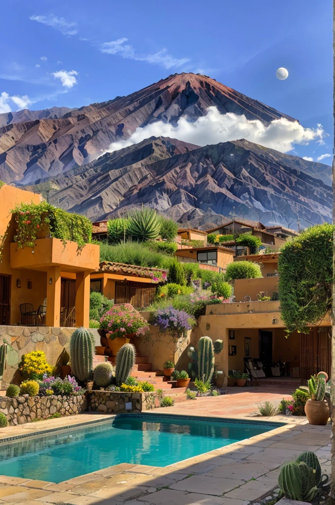 Multiple houses, brutalism style, Luis Barragán, Mountains in background, river, pool, terraces, stairs, garden terraces, trees, beautiful clouds, moon, sun, detailed, cacti, boulders, volcanic rocks, fuggy, Violet, orange, olive green, blue, magenta, amazing volcano in horizont, beautiful garden design