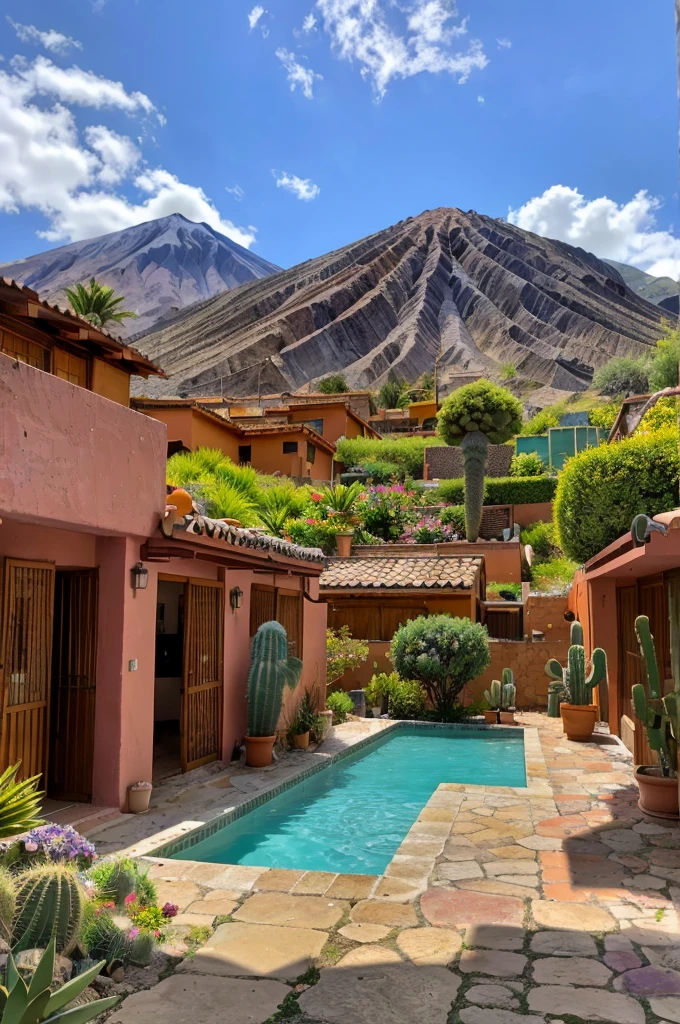Multiple houses, brutalism style, Luis Barragán, Mountains in background, river, pool, terraces, stairs, garden terraces, trees, beautiful clouds, moon, sun, detailed, cacti, boulders, volcanic rocks, fuggy, Violet, orange, olive green, blue, magenta, amazing volcano in horizont, beautiful garden design