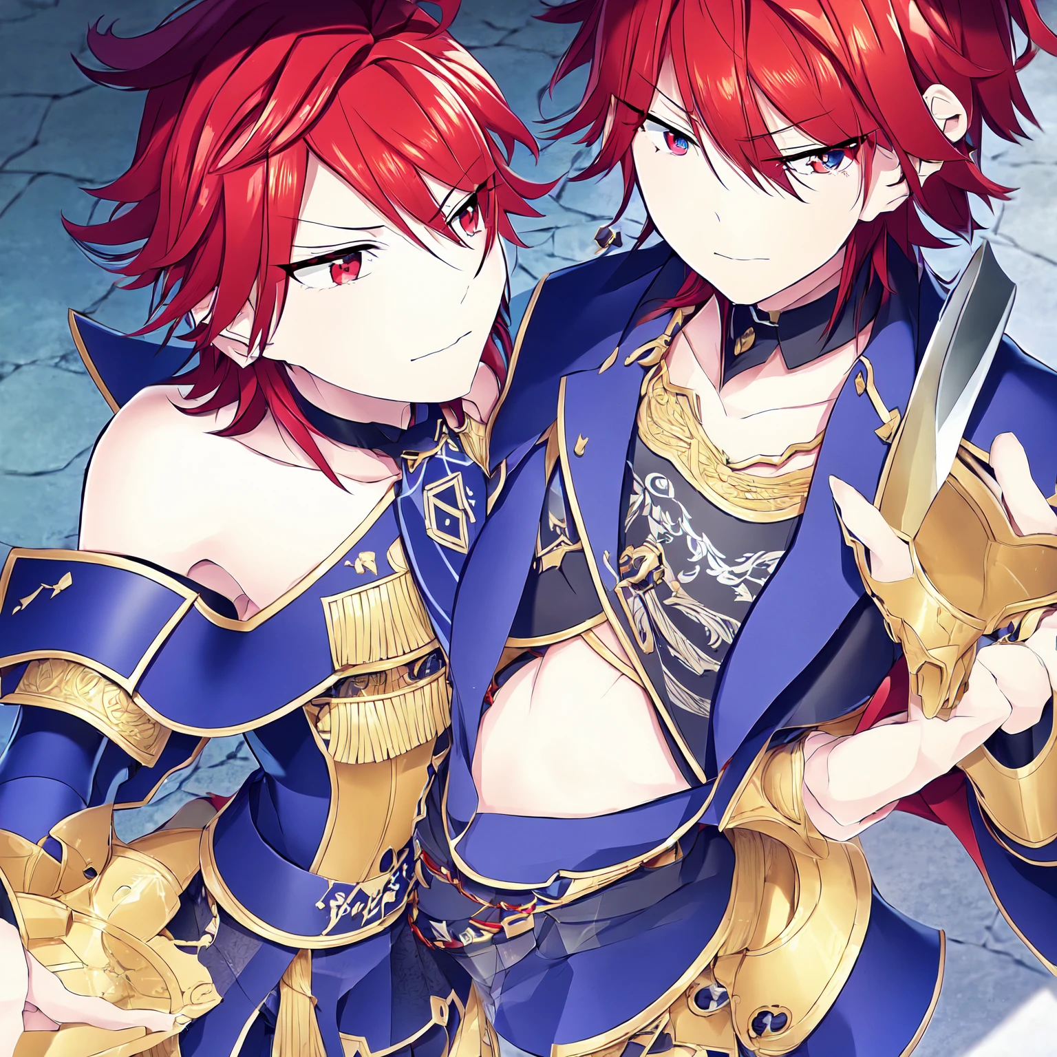 a close-up of a person in armor with a sword, handsome guy in art, maybe the front, male anime character, Cute androgynous prince, impacto genshin do videogame, best anime character design, anime character detailed art, red hair anime boy