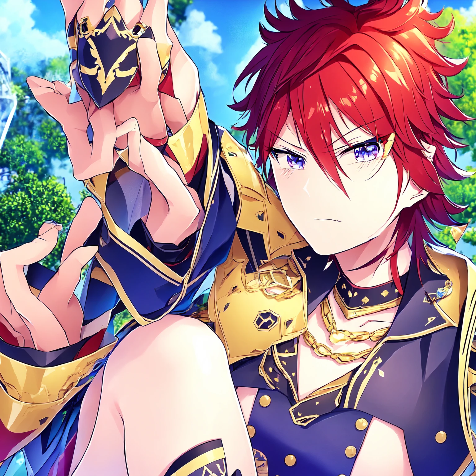 a close-up of a person in armor with a sword, handsome guy in art, maybe the front, male anime character, Cute androgynous prince, impacto genshin do videogame, best anime character design, anime character detailed art, red hair anime boy