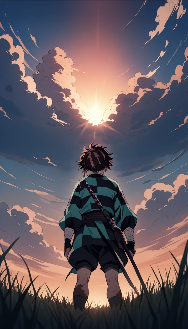 Tanjiro (Boy) from Demon Slayer, scar on forehead, standing in the plain grass looking up into the sky with pure blue clouds and the clouds are forming, dirty face, cinematic angle, foreshortening, dark, masterpiece, best quality, cinematic, sunset, back view