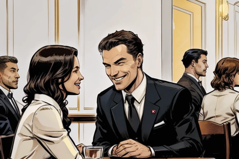 full length people, люди заходят в a restaurant, worth the hostess, meets the hostess, smile, Entry group, people sitting at the table, formal suit, staff, a restaurant, public place, White background,Marvel Comics Style, comics