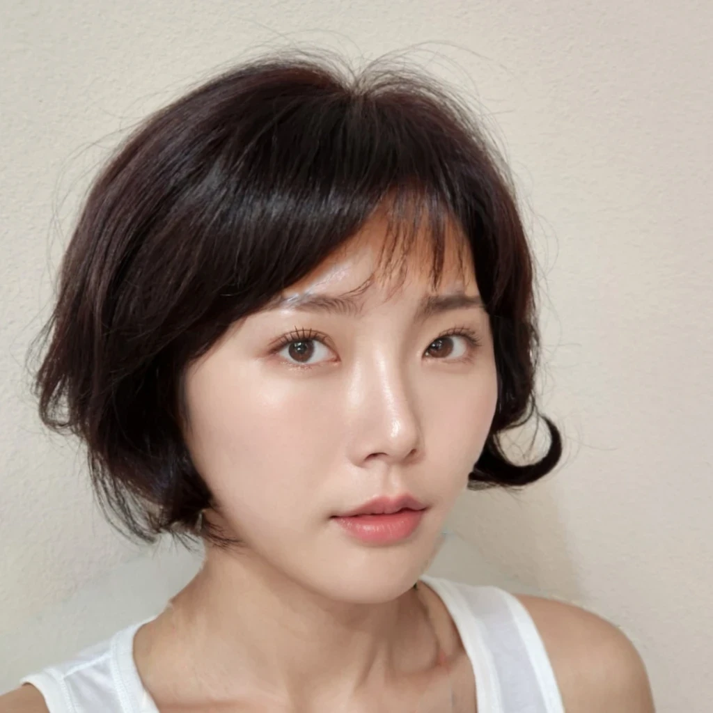Best Quality, 8k, Masterpiece, (Portrait: 1.3), (photo realistic:1.4), (hyper realistic:1.4), Sharp Focus, looking at viewer, (smoother lighting:1.1), (increase cinematic lighting quality:0.9), realistic lighting, backlighting, light on face, ray trace, (brightening light:1.2), (Increase quality:1.4), sharp detail, (best quality real texture skin:1.4), finely detailed eyes, black_eyes, finely detailed face, 25 year old Korean woman, (white formal_shirt:1.4), (Create an image maintaining the original base model hairstyle:1.5)