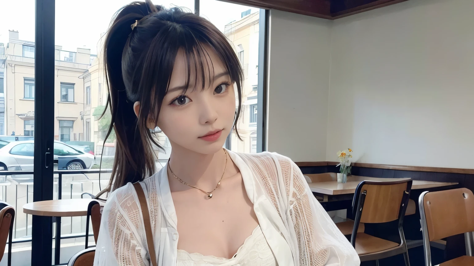 super high quality, Fashion Model, Slenderのネックレス, Slender, The staff is working at the counter in the back., (8k、RAW Photos、Highest quality、masterpiece:1.2), Stylish café, Fashion magazine photoshoot, (Realistic、Photorealistic:1.37), Beautiful Face , Mesh Hair, Urban Cafe, Golden Ratio, Raw photo, Small breasts, Bright cafe interior, Blurred Background, Summer clothes, Beauty, Cafe Terrace, Open Cafe, Photographed inside the cafe, 20-year-old, Hair blowing in the wind, Neat clothes, ponytail, Cool older sister, Stylish clothes,