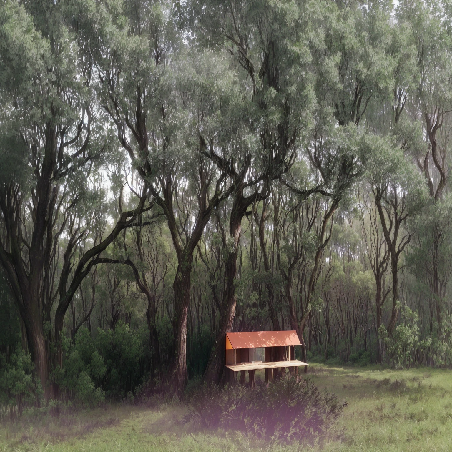 there is a bank in the middle of a field with trees, tranquil atmosphere, against the backdrop of trees, Mystical setting, sitting under a tree, photo taken from far away, Forest scenario, bankes, forest scenery, photo taken from far away away, From a distance, placed in a lush forest, bank, peaceful scene, unusual composition, looking partly to the left