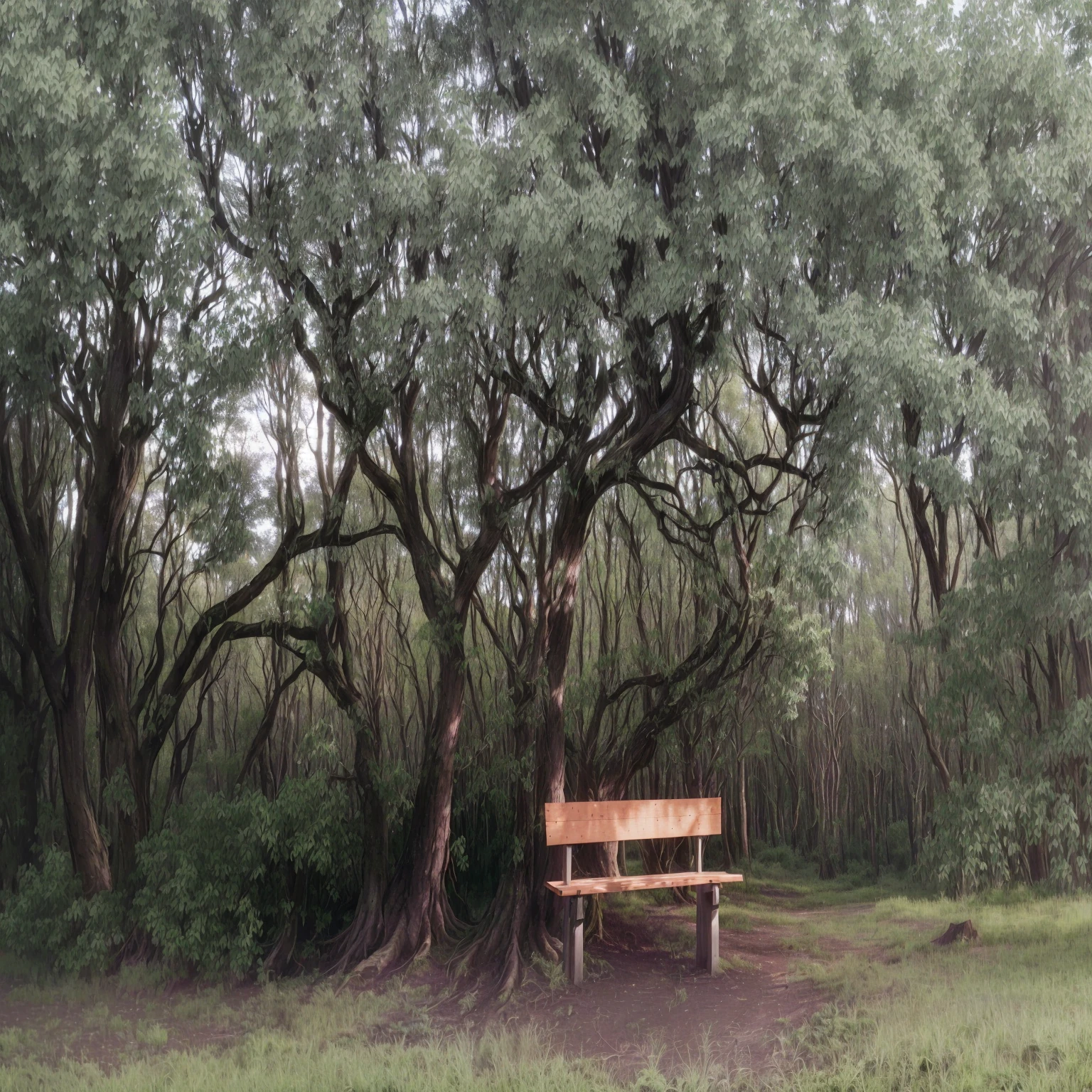 there is a bank in the middle of a field with trees, tranquil atmosphere, against the backdrop of trees, Mystical setting, sitting under a tree, photo taken from far away, Forest scenario, bankes, forest scenery, photo taken from far away away, From a distance, placed in a lush forest, bank, peaceful scene, unusual composition, looking partly to the left