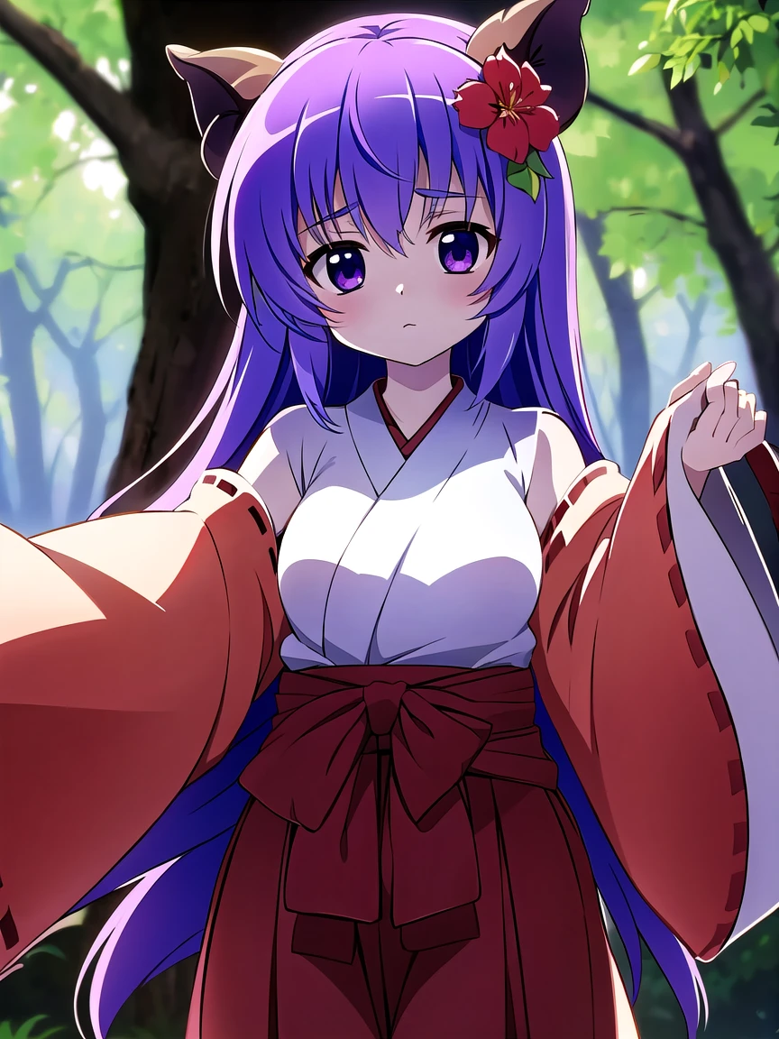 ((masterpiece, best quality)),high resolution,ultra detailed,8k,16k,detailed background, perfect lighting, 1girl,solo,look at viewer,hanyuu,purple hair,purple eyes,very long hair,horn,cluster amaryllis,forest,shrine maiden clothes,red hakama,miko,medium breast