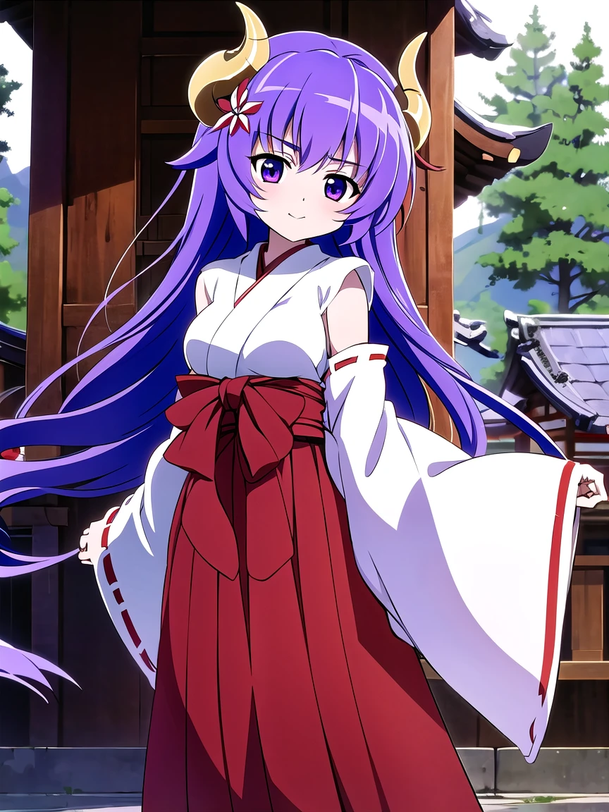 ((masterpiece, best quality)),high resolution,ultra detailed,8k,16k,detailed background, perfect lighting, 1girl,solo,look at viewer,hanyuu,purple hair,purple eyes,very long hair,horn,cluster amaryllis,forest,shrine maiden clothes,red hakama,miko,medium breast