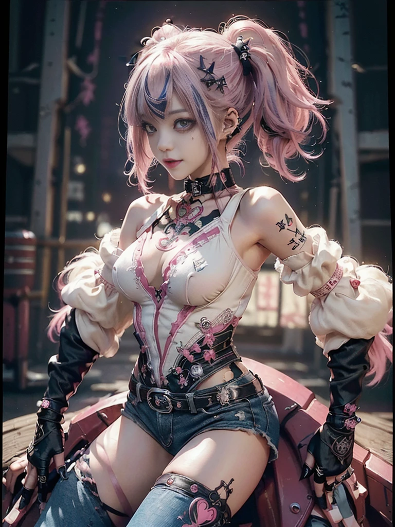 (Full Body View:1.2)、(Side view:1.2)、(Smiling with teeth showing:1.3),(Shibuya Gal:1.5)、(Gothic ta style fashion:1.5)、(Punk RockVisual Kei:1.5)、(Wearing a rhythmic gymnastics bodysuit with intricate details:1.4)、(Racing suit and pants with intricate decorations in magenta, denim and wine red:1.5)、(Red, brown and white boots:1.3)、((belt))、(Numerous delicate logo marks all over the costume:1.4)、(collar:1.3)、(Striped underwear:1.5)、30 years old、NSFW、((Highest quality、In 8K、masterpiece:1.3))、Sharp focus:1.2、(Layered Cut、Huge boobs:1.1),Beautiful woman with perfect figure:1.4、(Dancing vigorously:1.3)、Slender Abs:1.2、Highly detailed face and skin texture、Detailed eyes、double eyelid,(Twin tails:1.3)、(Pink and cream hair:1.3)、Gravure idol、(The background is the stage of the fashion show:1.3)、(Slim Body:1.3),(Make your legs thinner:1.4),(clavicle:1.1)、(Thin and slim thighs:1.3)