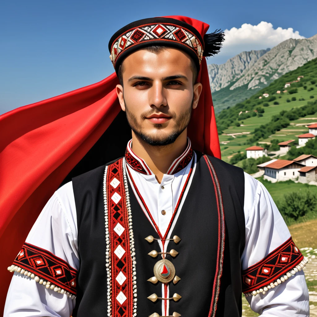 man in albania maica folk outfit, vector graphics, strong contours