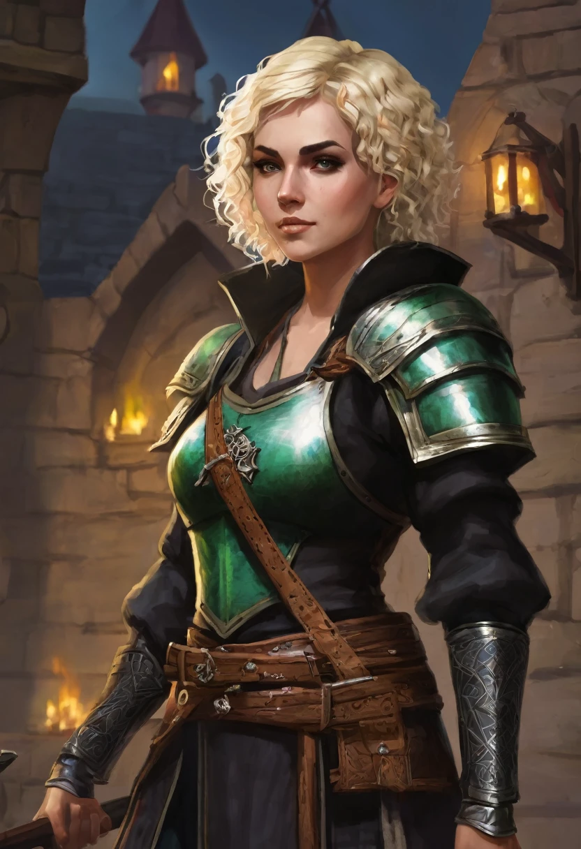 Necromancer Ranger Female, short curly hair blonde, medieval times, 