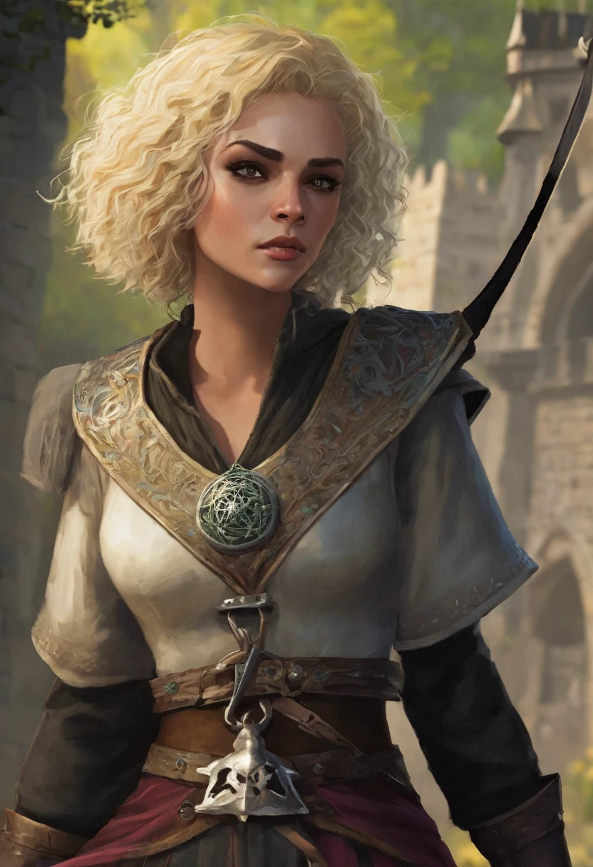 Necromancer Ranger Female, short curly hair blonde, medieval times, 