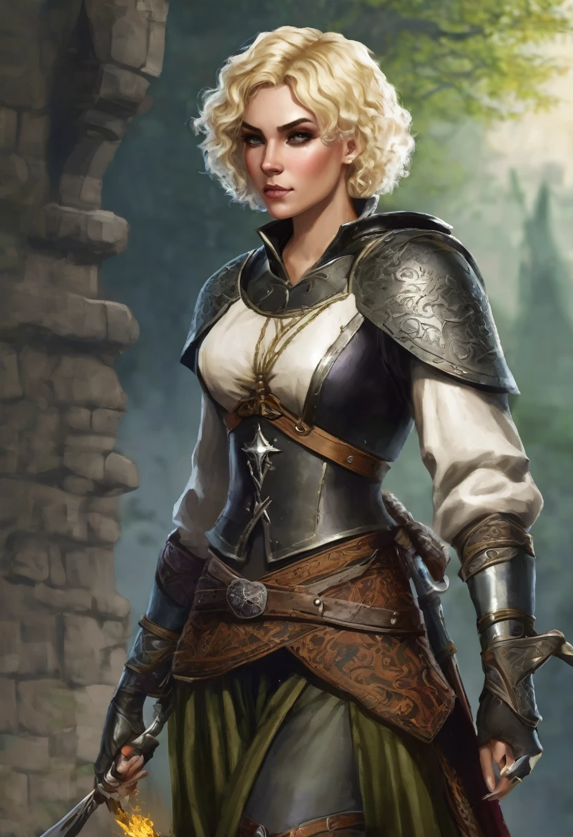 Necromancer Ranger Female, short curly hair blonde, medieval times,