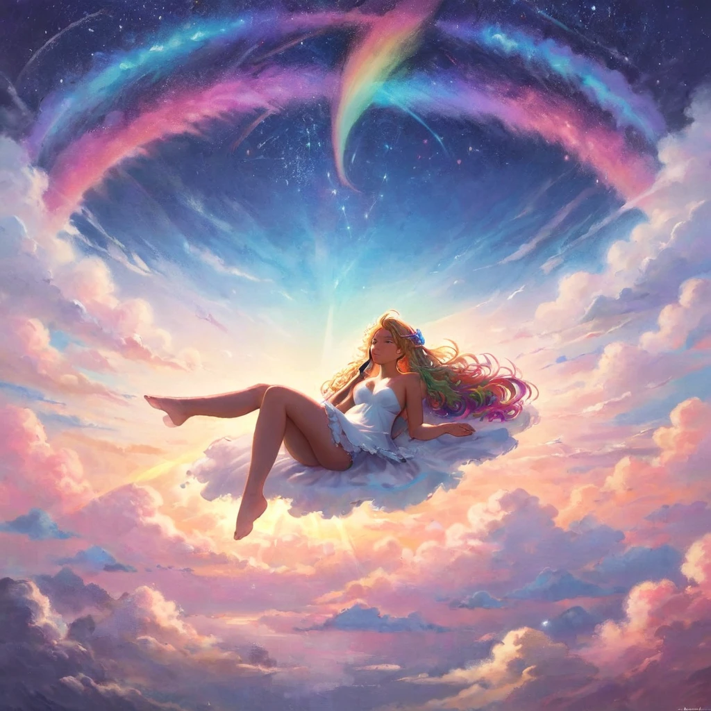 A stunningly woman, surrounded by a dazzling array of rainbow hues and stardust, reclines gracefully amidst the fluffy clouds in the sky. Bathed in dynamic and enchanting lighting, accentuates her vibrant, full-bodied form. Fantasy art. Masterpiece 