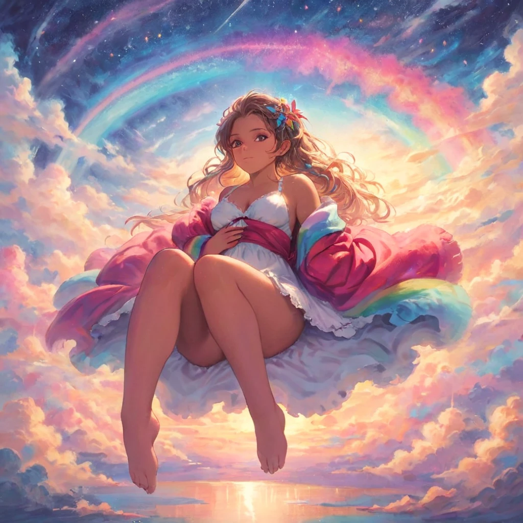 A stunningly woman, surrounded by a dazzling array of rainbow hues and stardust, reclines gracefully amidst the fluffy clouds in the sky. Bathed in dynamic and enchanting lighting, accentuates her vibrant, full-bodied form. Fantasy art. Masterpiece 