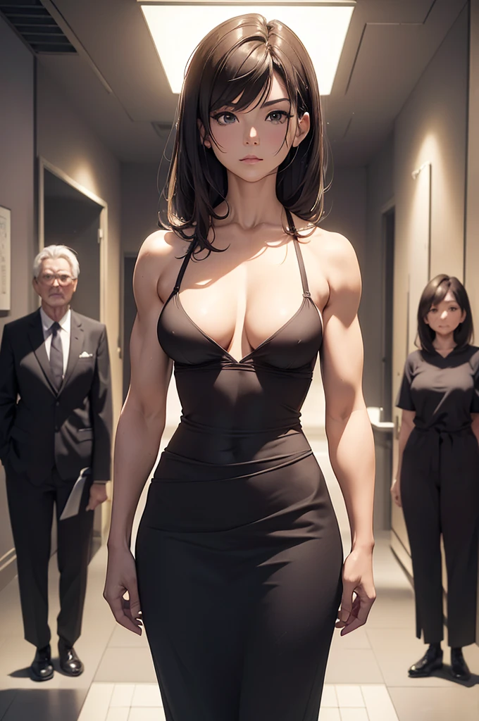 (work of art, best qualityer:1.2),((Photoreal:1.1)),Perfect Anatomia,((standing alone:1.5)), ((standing alone)),((1 middle-aged woman:1.5)),perfects eyes,Nabiki Tendou, ((looking ahead at viewer:1.4)),((horizontal angle)),((ever forward)),((view from the front:1.4)),Shooting from the front,front lighting,((breasts small:1.4)),(sagging breasts:1.2),((Piutuary breasts small:1.1)),((muscular:1.2),((don't hide your crotch:1.4)),(cod lips),((standing at attention:1.3)),(Keeping your head up),((hands on hip bone)),extremely delicate and beautiful,blunt bangs,angled bob cut,((green leotard:1.2)),((High Cut Collant)),(Long sleeve leotard),(spandex mesh),high-heels