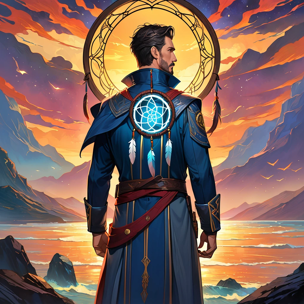 Marvel, ((((Doctor Strange from Marvel)))), A man with fair skin, jet-black hair with gray streaks at the sides, and a goatee. He is wearing a long red cloak with a high standing collar and a dark suit with blue trim. ((((The man is standing in profile, holding a dreamcatcher with both hands in front of him)))). Behind him is a stained glass window in the shape of a bird silhouette. The window's cells show different worlds like sunsets, space, the ocean, and other landscapes, but maintain the color palette of the pattern.", The overall style of the artwork is reminiscent of fantasy or supernatural genres, realistically, dynamic lights, old, gray stubble, full shoot, (extremely detailed CG unity 8k wallpaper), trending on ArtStation, trending on CGSociety, High Detail, Sharp focus, dramatic, photorealistic