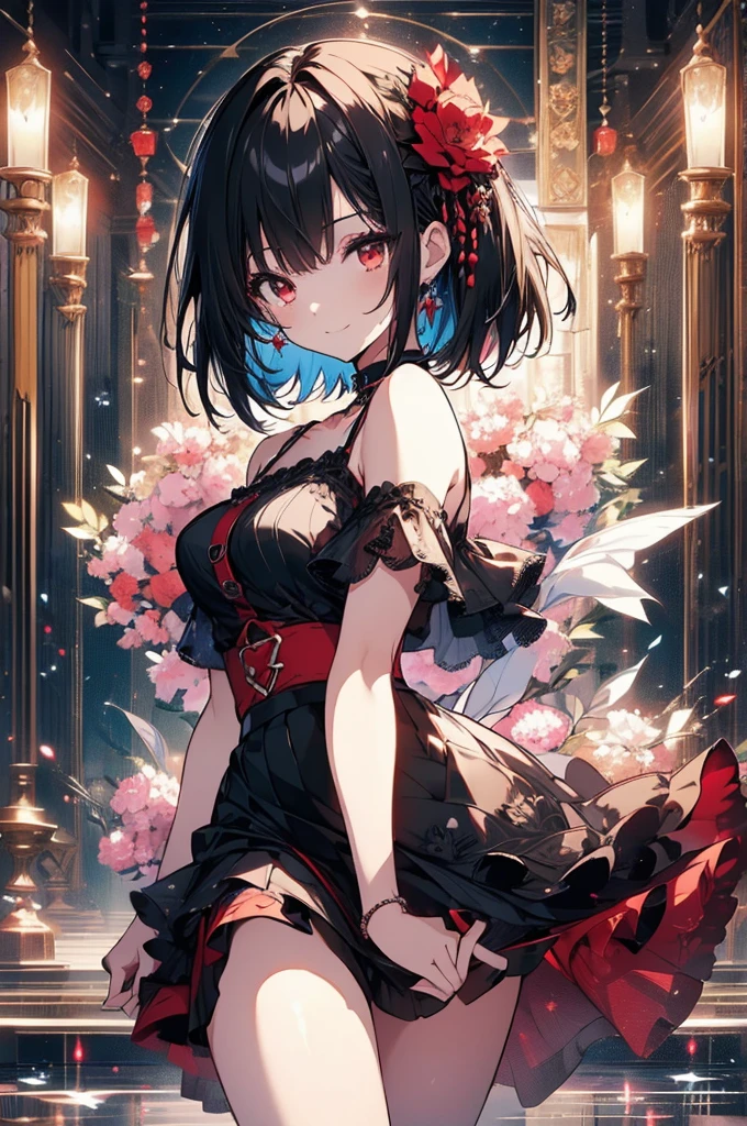 (masterpiece, highest quality, highest quality, (No text), Beautiful and aesthetic:1.2),No text,アニメ、BREAK,One Girl,Black Hair Girl short hair older sister choker Beautiful eyes Red eyes cool smile Red and Black one piece mini skirt whole body In town