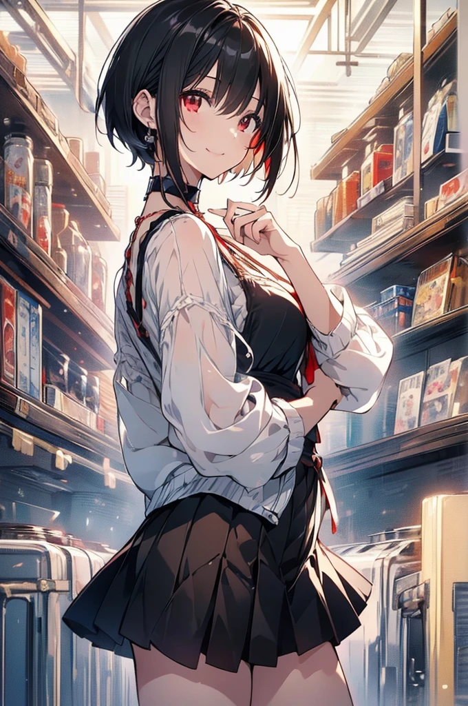 (masterpiece, highest quality, highest quality, (No text), Beautiful and aesthetic:1.2),No text,アニメ、BREAK,One Girl,Black Hair Girl short hair older sister choker Beautiful eyes Red eyes cool smile Red and Black one piece mini skirt whole body In town