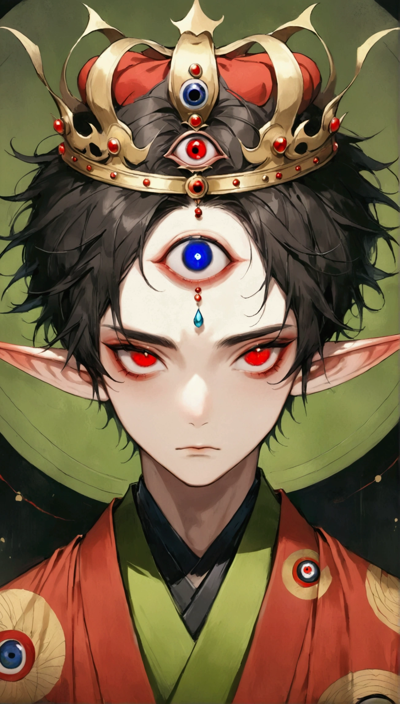 Art Illustration,Dark Style,(((1Boy wearing a crown,独奏,third eye on the forehead,Elf ears))),(((Gorgeous Japanese red kimono robe:1.6,Eye Diagram,Dark Pattern))).(((Thin waist,Greenbelt:1.37)))whole body,Death Stare Background。