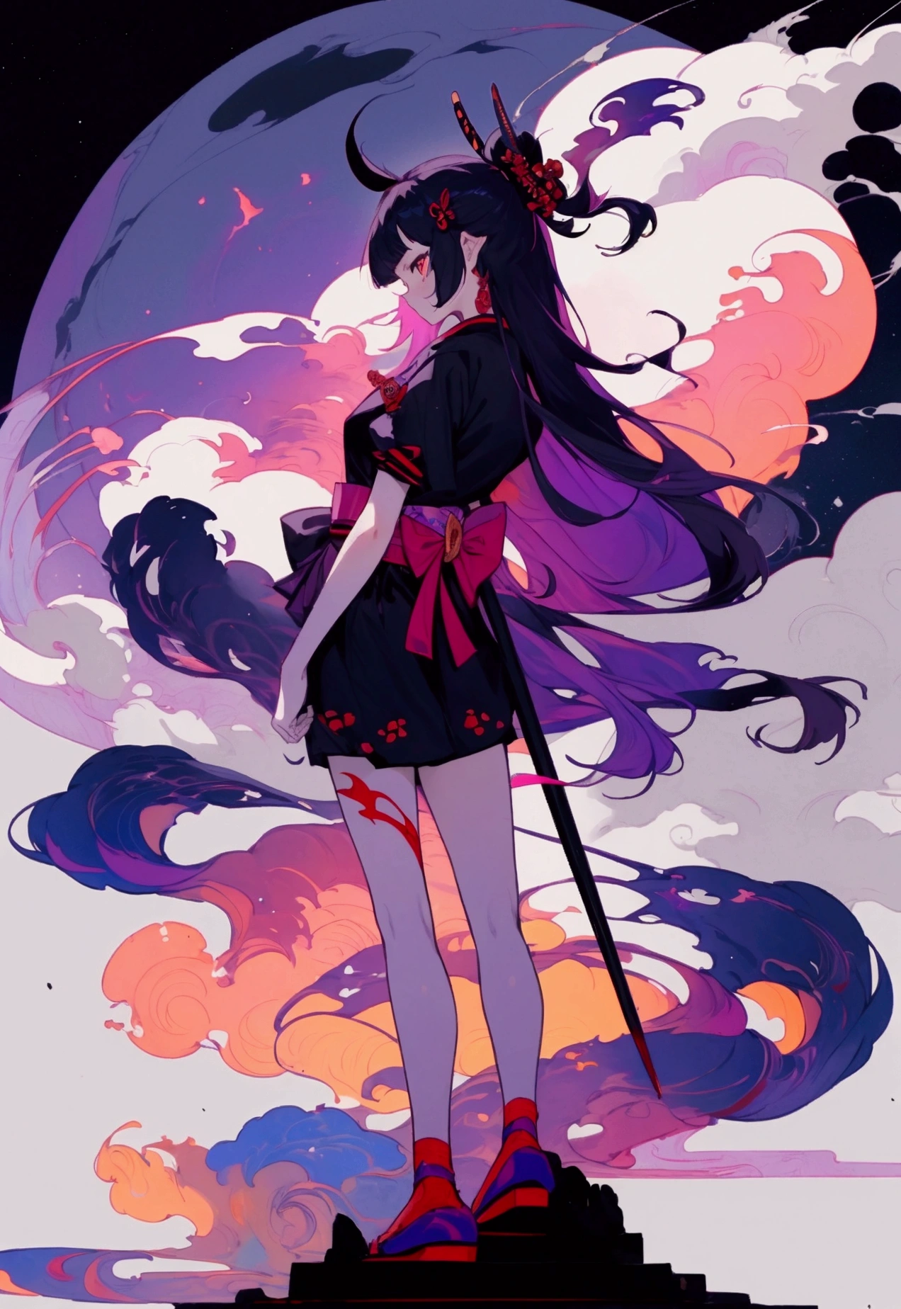 masterpiece, best quality, high quality, a girl, samurai, nue, grumpy, looking back, semi long, blunt bangs, with a nebula, with a moon, at midnight, full body shot, darkness, dramatic lighting, RebeccaPurple