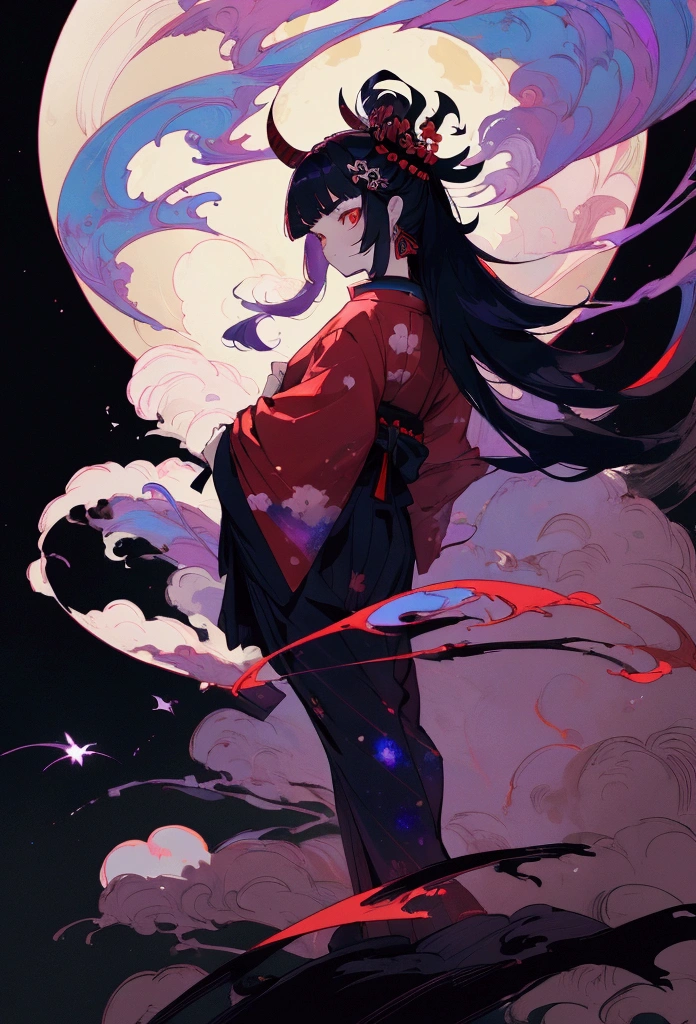 masterpiece, best quality, high quality, a girl, samurai, nue, grumpy, looking back, semi long, blunt bangs, with a nebula, with a moon, at midnight, full body shot, darkness, dramatic lighting, RebeccaPurple