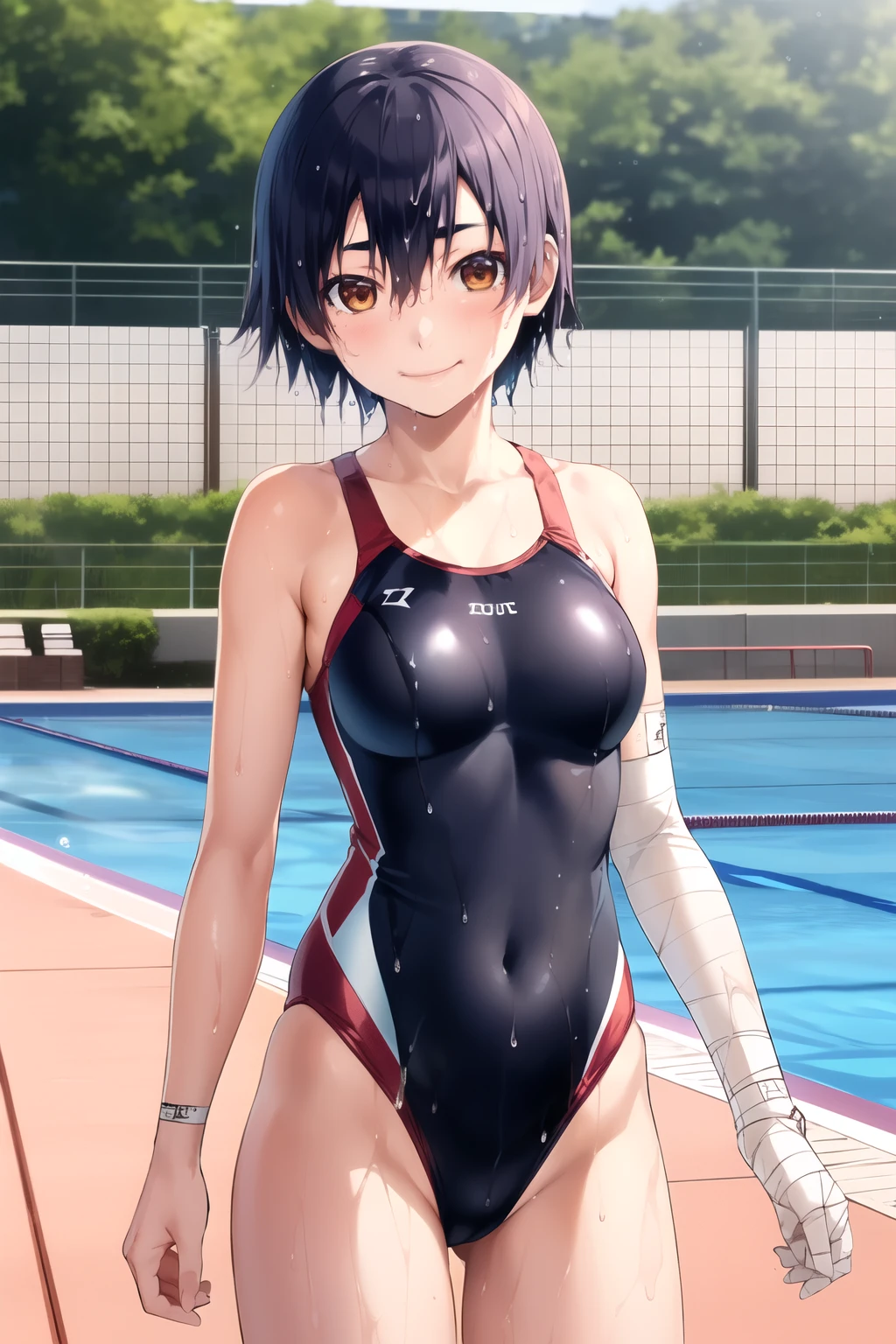 (kanbarusuruga),1girl, solo, brown eyes, smile, short hair,l ooking at viewer, bandages, naoetsu high, smile, short hair, medium breasts, (red and blue competition swimsuit), (wet: 1.2), cowboy shot, standing, spread legs, full body, pool, dutch angle