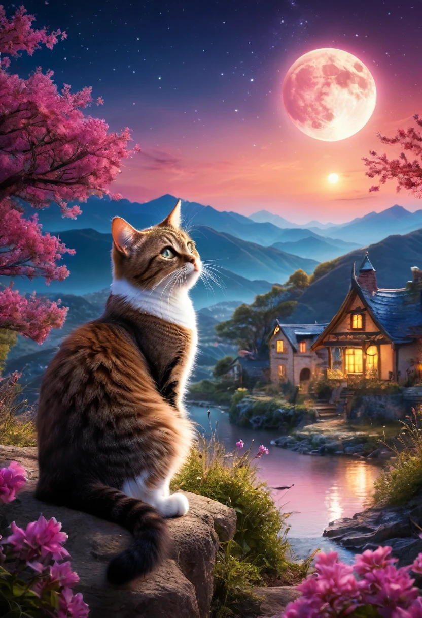 chat, moon, Cat, In the landscape, Magical atmosphere, mystery,(Highest quality, High resolution,Very detailed,Realistic:1.2),Bright colors, Sharpness, High resolution, Fantasy, Magical Landscapes, Glossy crystals, Great lighting, Sublime Beauty, mystery的な闇, ambiance surRealistic, A fascinating sight.