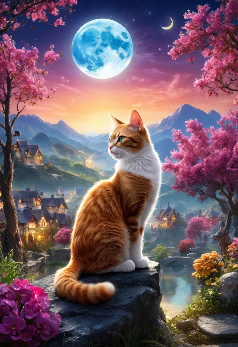 chat, moon, Cat, In the landscape, Magical atmosphere, mystery,(Highest quality, High resolution,Very detailed,Realistic:1.2),Bright colors, Sharpness, High resolution, Fantasy, Magical Landscapes, Glossy crystals, Great lighting, Sublime Beauty, mystery的な闇, ambiance surRealistic, A fascinating sight.