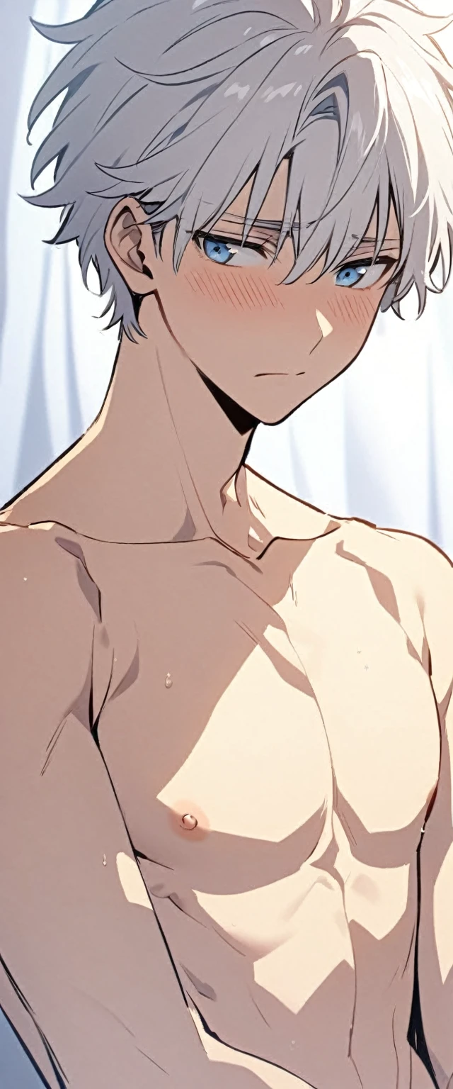 Handsome, solo, male, short hair, soft boy, young, white hair, blue eyes, shirtless, shy, slightly muscular