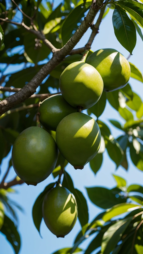 green mango hanging in the green tree, full tree view ultra realistic 8k